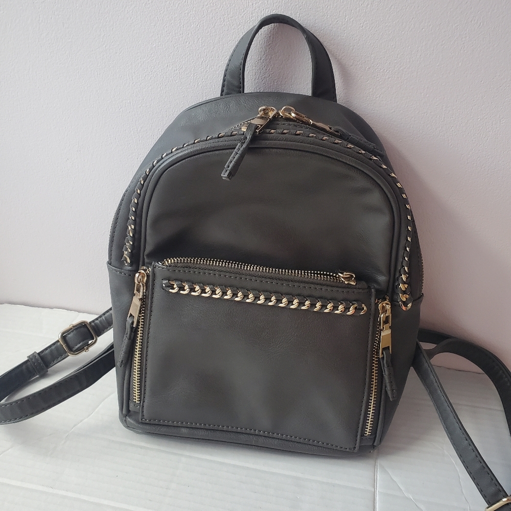 Madison West Gray Faux Leather Small backpack Handbag Carry-on Bag Gold Accents